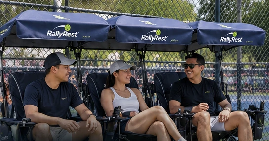 AI-generated concept of a Filipino pickleball group socialising under connected Rally Rest canopies.