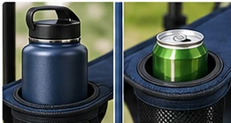 Two cup holders: one with a large water bottle and one with a soda can.