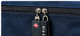 Chair storage pouch secured with a compact luggage-style combination lock.